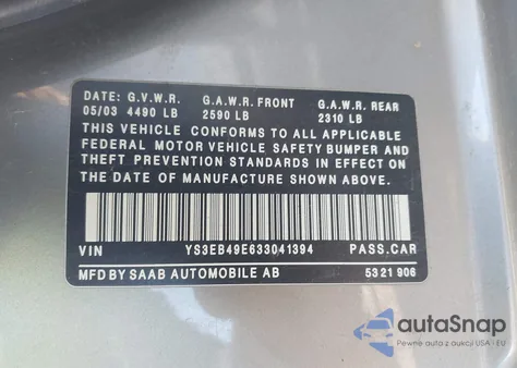 2003 Saab 9-5 Linear из США, поврежденный, VIN YS3EB49E633041394